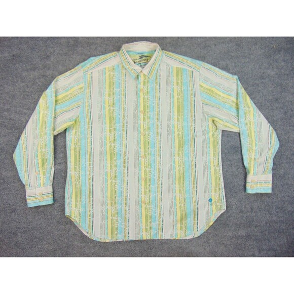 Tommy Bahama Shirt Mens XL Green Blue Stripe Cotton Silk - Picture 2 of 7